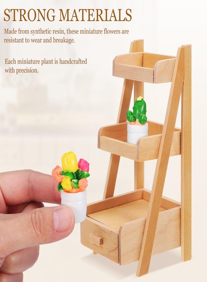 JOINPAYA 1 Set Miniature Plants Set with Stand: 4.32X2.28X2.16in Mini Plant Shelf Kit Mini Potted Flower Model Tiny Fake Greenery Ornament Dollhouse Furniture for Christmas - Image 3